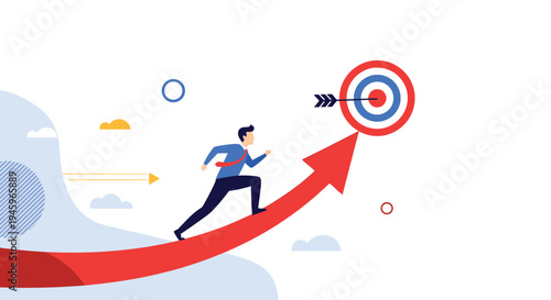Energetic businessman running up a rising red arrow toward a target board to achieve his professional goals and business success.