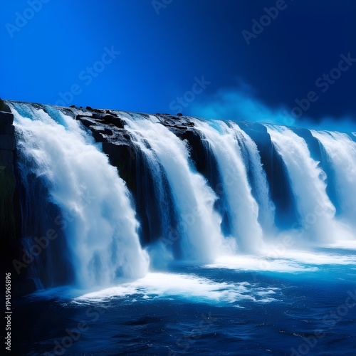 Powerful Waterfall Cascading with Mist on Deep Blue Background, Refreshing Nature Scene with Flowing Water and Dramatic Natural Beauty