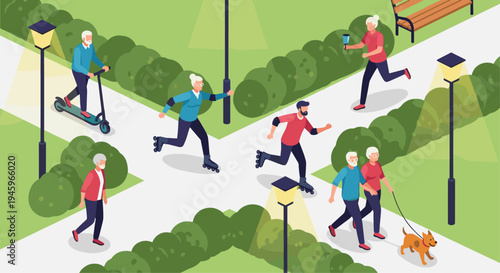 Active people of different ages jogging, rollerblading, and walking their dog in a well lit city park during a pleasant evening.