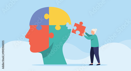 Elderly woman placing a missing puzzle piece into a giant human head to represent mental health, memory, and cognitive therapy for seniors.