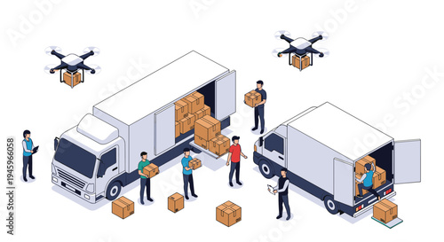 Busy logistics hub with workers loading packages into delivery trucks while drones fly overhead to assist with modern shipping operations.
