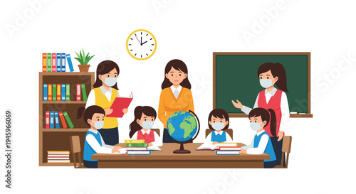 Group of young students and teachers wearing protective face masks in a classroom setting during the pandemic to ensure safety and health.