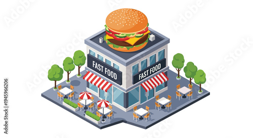 Modern fast food restaurant building featuring a giant hamburger on the roof and an outdoor terrace with tables and umbrellas.