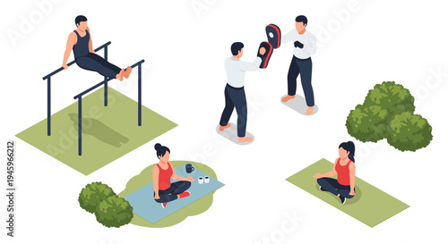 Group of active people practicing various exercises such as yoga, calisthenics, and boxing in a beautiful green public park.