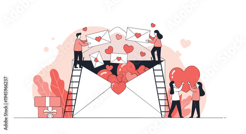 Group of creative people using ladders to fill a giant envelope with red hearts, symbolizing sending love and positive messages.