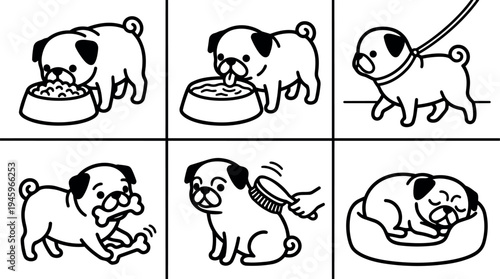 Simple black and white line art vector set showing cute pug dog eating drinking walking fetching bone sitting being brushed and sleeping in bed