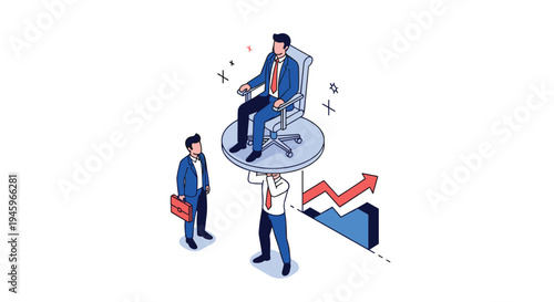 Successful businessman sitting in an office chair being lifted by another worker to illustrate business support and professional growth.