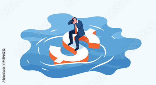 Stressed businessman sitting on a sinking dollar sign in deep blue water to represent financial loss, debt, or economic crisis.