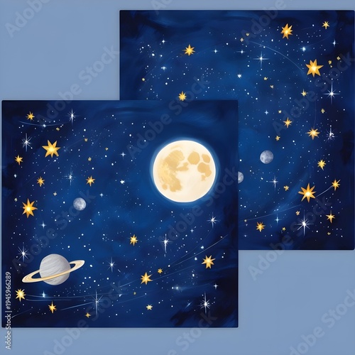 Star Filled Night Sky with Moon and Distant Planets on Deep Blue Cosmic Background, Magical Celestial Space Landscape with Sparkling Stars