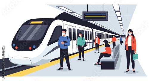 Commuters wearing protective face masks wait on a modern subway platform for the arrival of a high-speed underground train.