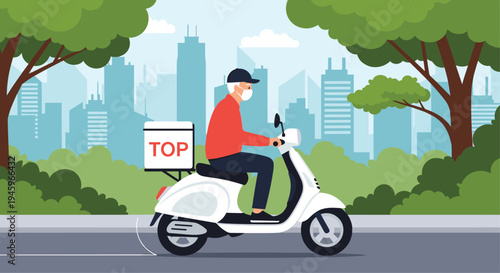 Delivery driver wearing a medical face mask rides a white scooter through a city park to deliver food or packages during lockdown.