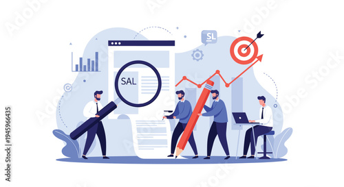 Professional business team collaborating on market research and sales data analysis using a magnifying glass and growth charts.
