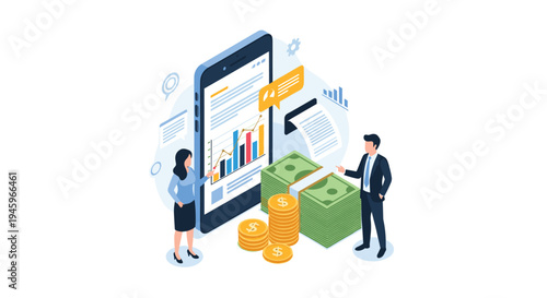 Financial analysts examining investment growth and business statistics on a large smartphone screen with stacks of money and coins.
