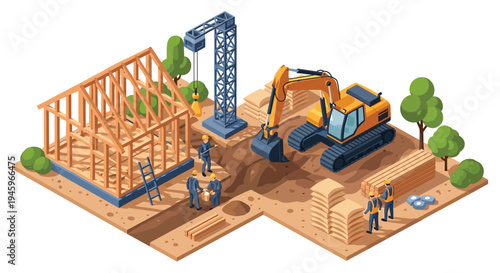 Construction workers and heavy machinery operating on a building site to assemble the wooden frame of a new residential house.