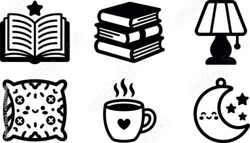 Black and white vector icons depicting open book with star stack of books table lamp pillow coffee cup with heart crescent moon with stars