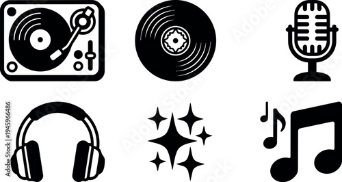 Black vector icons set including turntable vinyl record microphone headphones sparkling stars and music notes symbols simple musical design elements