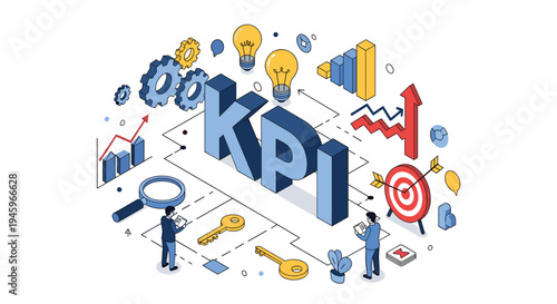Key performance indicator KPI concept with business icons, lightbulbs, gears, targets, and data charts for performance measurement.