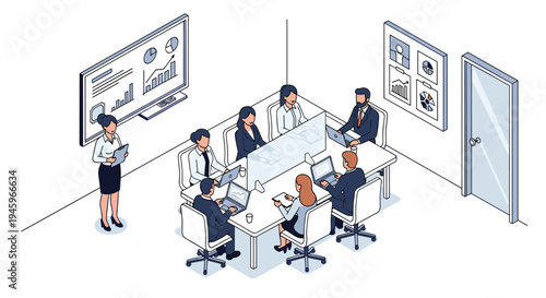 Professional team meeting in a modern office boardroom with laptops and a glass partition for safety during a collaborative discussion.