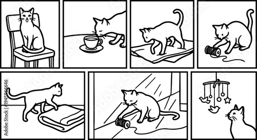 Black and white line art playful cat exploring yarn cup blanket and mobile with curious expressions in simple vector style