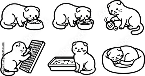 Minimalist black line art vector of playful kitten eating drinking playing scratching litter sleeping in simple pet care set