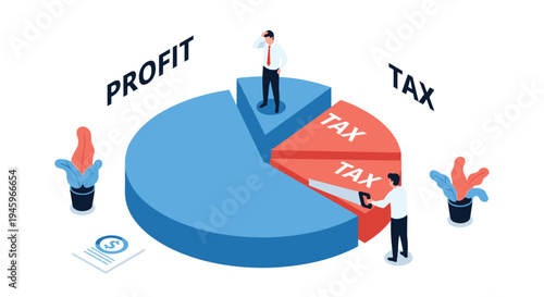 Businessman cutting a large tax slice from a profit pie chart representing financial burdens and corporate tax responsibility.