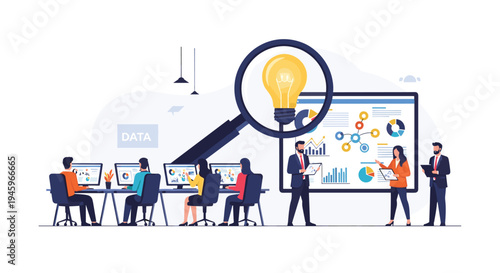 Professional business team conducting data analysis and brainstorming new ideas under a large magnifying glass and bright lightbulb.