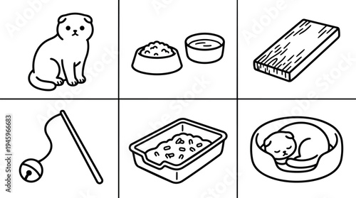 Minimalist black and white vector art set of cat sitting food bowls wooden plank cat toy litter box and sleeping cat in bed