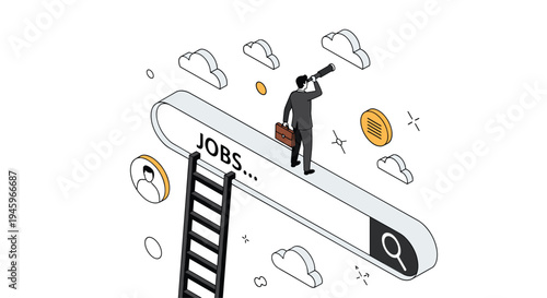 Businessman using a telescope on a giant search bar to find new job opportunities in a competitive career market environment.