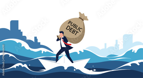 Businessman struggling to balance on a paper boat in rough seas while carrying a heavy bag labeled public debt on his back.