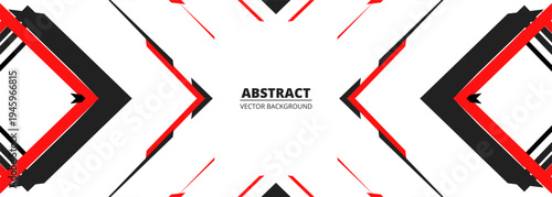 Bold red black geometric abstract background featuring mirrored chevrons and diagonal lines, clean white negative space, sharp edges, thin red accents, high contrast minimal composition creating
