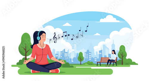 Young woman meditating in lotus position and listening to relaxing music in a city park to improve her mental health.