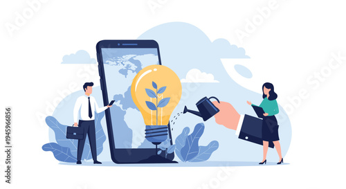 Hand watering a glowing lightbulb plant growing from a smartphone screen representing the nurturing of innovative business ideas.