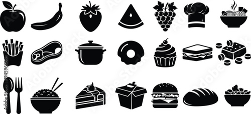 Black and white food icon set collection featuring fruits vegetables and cooked meal signs