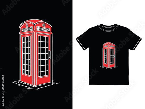 Red telephone booth on black background and t-shirt