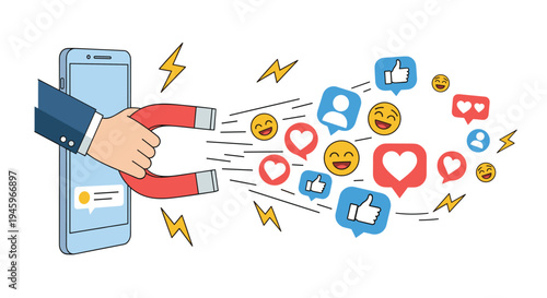 Large magnet coming out of a smartphone screen to attract social media likes, hearts, and emoji icons for digital engagement.