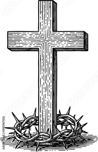 Wooden Cross and Crown of Thorns Religious Symbol Stock Illustration