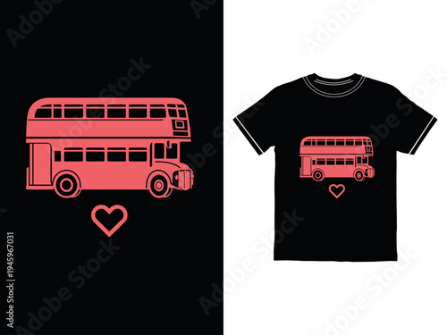 Black t shirt with red double decker bus and heart design