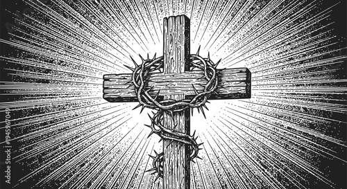 Wooden Cross with Crown of Thorns and Light RaysStock Illustration