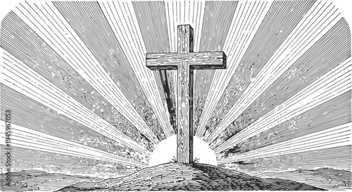 Wooden Cross on Hilltop with Sunburst Rays Stock Illustration