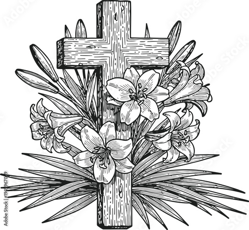Wooden Cross With Lilies Religious Symbol Vector Illustration