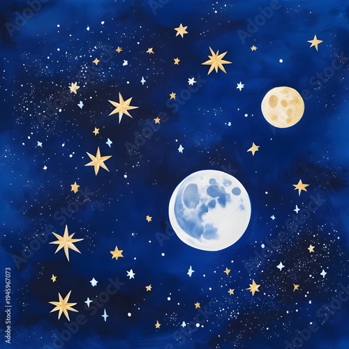 Star Filled Night Sky with Moon and Distant Planets on Deep Blue Cosmic Background, Magical Celestial Space Landscape with Sparkling Stars