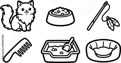 Minimalist line art set of sitting cat food bowl feather toy comb litter box and pet bed outlines vector icons