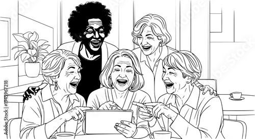 Diverse Senior Women Friends Laughing and Using Digital Tablet in Sunny Modern Cafe, Authentic Lifestyle Photography, Social Connection and Technology for Elderly