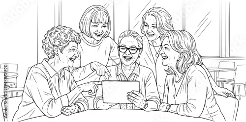 Diverse Senior Women Friends Laughing and Using Digital Tablet in Sunny Modern Cafe, Authentic Lifestyle Photography, Social Connection and Technology for Elderly