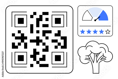 QR code concept. QR code linked to a review rating system with eco-friendly tree symbolism. QR codes, ratings, and sustainability applications. For apps, reviews, eco campaigns, and businesses
