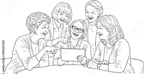 Diverse Senior Women Friends Laughing and Using Digital Tablet in Sunny Modern Cafe, Authentic Lifestyle Photography, Social Connection and Technology for Elderly