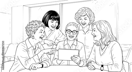 Diverse Senior Women Friends Laughing and Using Digital Tablet in Sunny Modern Cafe, Authentic Lifestyle Photography, Social Connection and Technology for Elderly