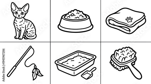 Black and white line art style sitting sphynx cat with food bowl blanket scratching toy litter box and brush set