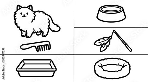 Simple black outline cat with pet grooming comb food bowl cat toy litter box and soft pet bed vector icons set