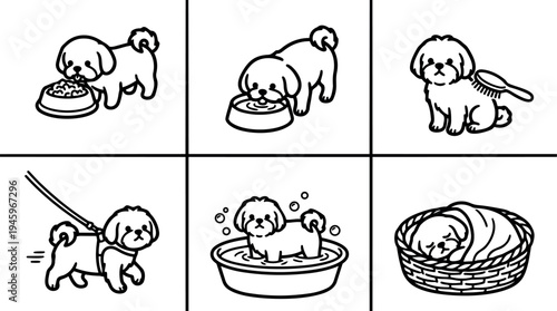 Black and white line art vector showing small dog eating drinking bathing sleeping and being brushed in simple style